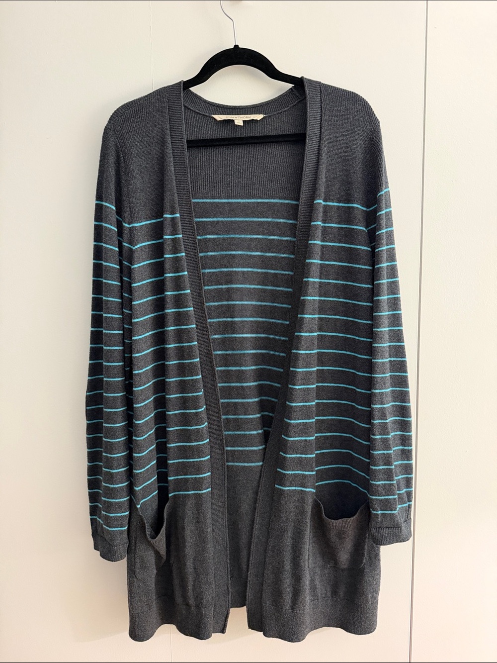 41 Hawthorn Charcoal Open-Front Cardigan with Teal Stripes